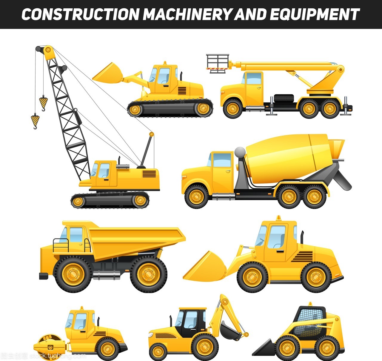 建筑设备机械平面图标集。建筑设备和机械和卡车起重机和推土机平图标亮黄色抽象孤立的矢量图
